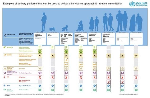 Examples of delivery platforms that can be used to deliver a life course approach for immunization