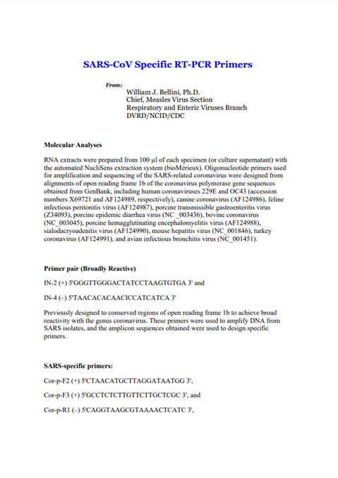 SARS-CoV specific RT-PCR primers